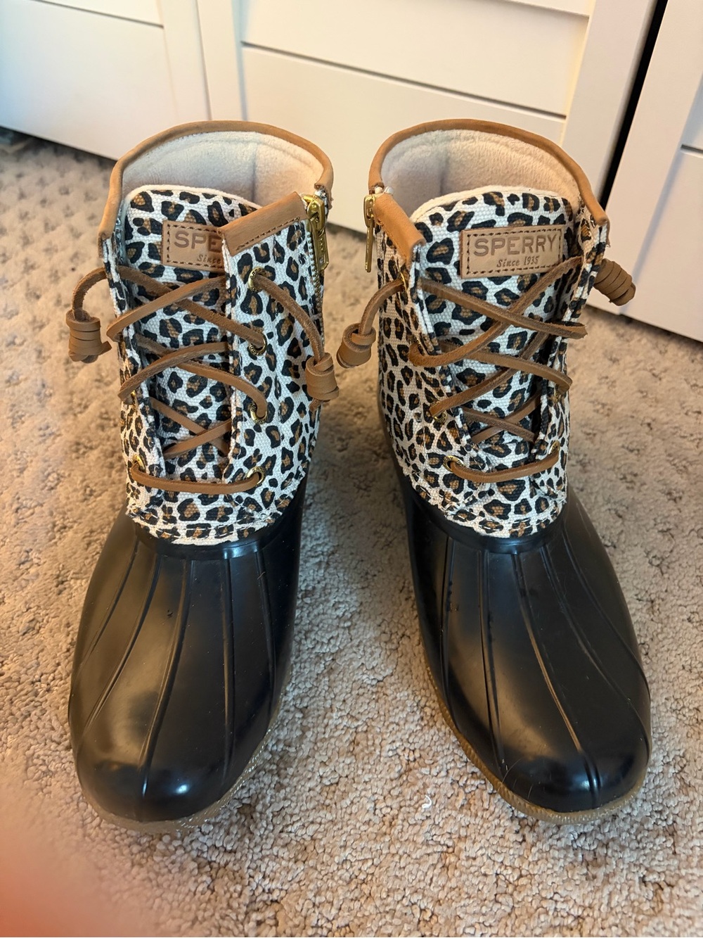Sperry Leopard Print Waterproof Duck Boots - Black & Tan